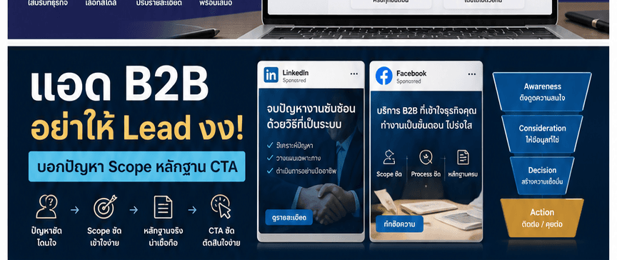 แอด B2B อย่าให้ Lead งง! Creative ต้องบอกปัญหา Scope หลักฐาน และ CTA ที่คัดกรองได้