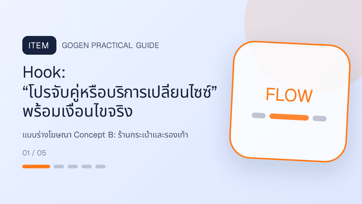 แบบร่างโฆษณา Concept Bสำหรับร้านกระเป๋าและรองเท้า แสดงกระเป๋า รองเท้า และแอ็กเซสซอรีในสไตล์แฟชั่นแต่ชัดเจน เห็นรูปทรงและวัสดุ: Hook: “โปรจับคู่หรือบริการเปลี่ยนไซซ์” พร้อมเงื่อนไขจริง