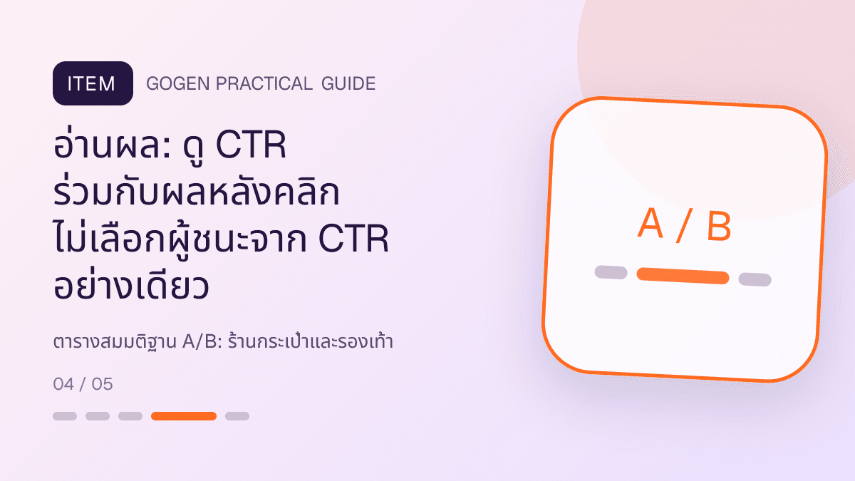 ตารางสมมติฐาน A/Bสำหรับร้านกระเป๋าและรองเท้า แสดงกระเป๋า รองเท้า และแอ็กเซสซอรีในสไตล์แฟชั่นแต่ชัดเจน เห็นรูปทรงและวัสดุ: อ่านผล: ดู CTR ร่วมกับผลหลังคลิก ไม่เลือกผู้ชนะจาก CTR อย่างเดียว