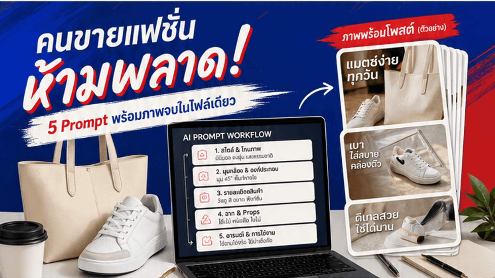 คนขายแฟชั่นห้ามพลาด! 5 Prompt กระเป๋าและรองเท้าพร้อมภาพ ข้อความ ราคา และ CTA จบในไฟล์เดียว