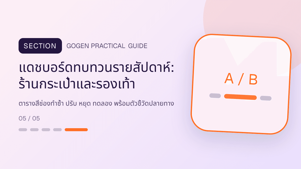 แดชบอร์ดทบทวนรายสัปดาห์สำหรับร้านกระเป๋าและรองเท้า แสดงกระเป๋า รองเท้า และแอ็กเซสซอรีในสไตล์แฟชั่นแต่ชัดเจน เห็นรูปทรงและวัสดุ
