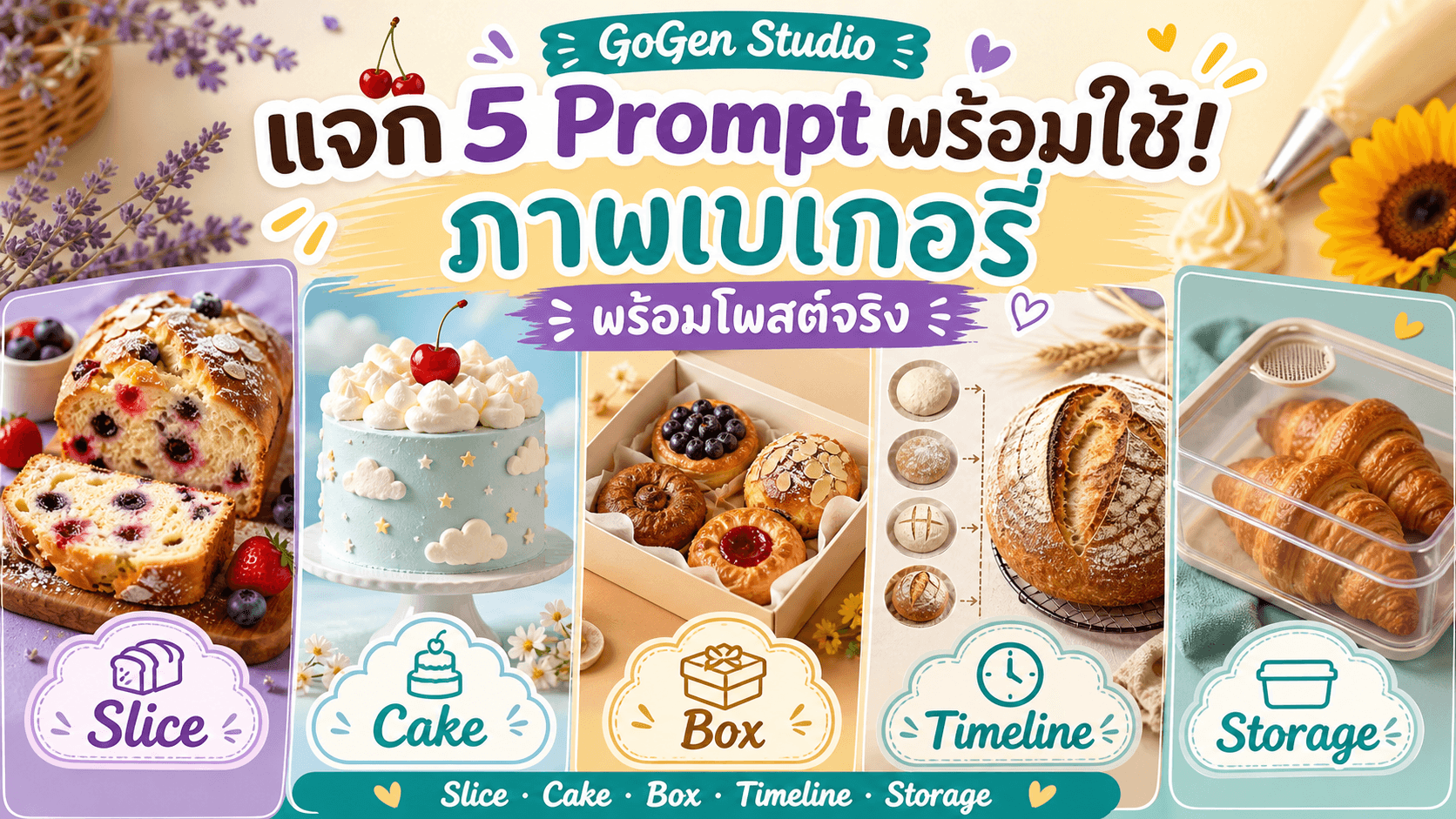 แจก 5 Prompt เบเกอรี่พร้อมใช้! เห็นชิ้น ไส้ ราคา รอบรับ และการเก็บครบ