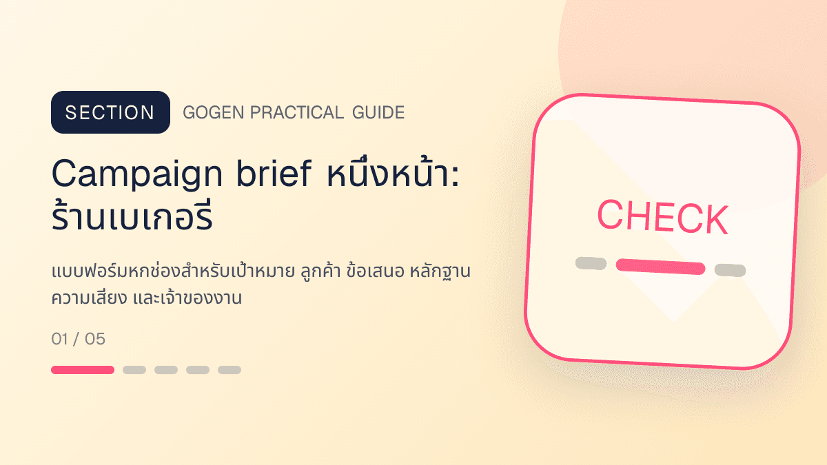 Campaign brief หนึ่งหน้าสำหรับร้านเบเกอรี่ แสดงเค้ก ขนมปัง และขนมอบในสไตล์อบอุ่น สดใหม่ และชวนลิ้มลอง