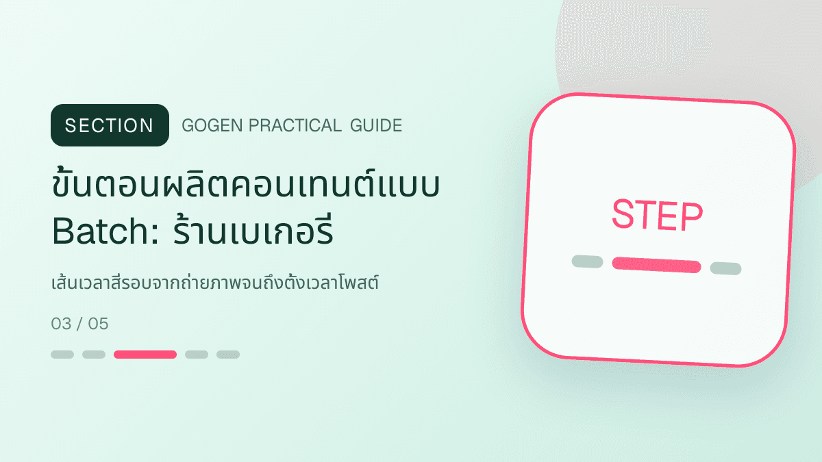 ขั้นตอนผลิตคอนเทนต์แบบ Batchสำหรับร้านเบเกอรี่ แสดงเค้ก ขนมปัง และขนมอบในสไตล์อบอุ่น สดใหม่ และชวนลิ้มลอง