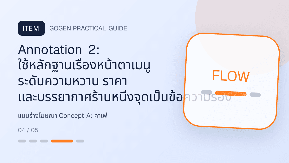แบบร่างโฆษณา Concept Aสำหรับคาเฟ่ แสดงกาแฟ เครื่องดื่ม และเมนูซิกเนเจอร์ในสไตล์เป็นกันเอง มีบรรยากาศ และจำโทนร้านได้: Annotation 2: ใช้หลักฐานเรื่องหน้าตาเมนู ระดับความหวาน ราคา และบรรยากาศร้านหนึ่งจุดเป็นข้อความรอง
