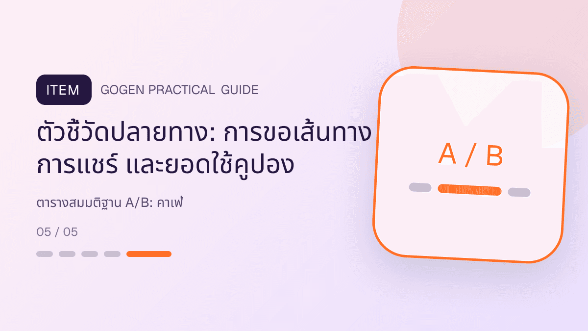 ตารางสมมติฐาน A/Bสำหรับคาเฟ่ แสดงกาแฟ เครื่องดื่ม และเมนูซิกเนเจอร์ในสไตล์เป็นกันเอง มีบรรยากาศ และจำโทนร้านได้: ตัวชี้วัดปลายทาง: การขอเส้นทาง การแชร์ และยอดใช้คูปอง