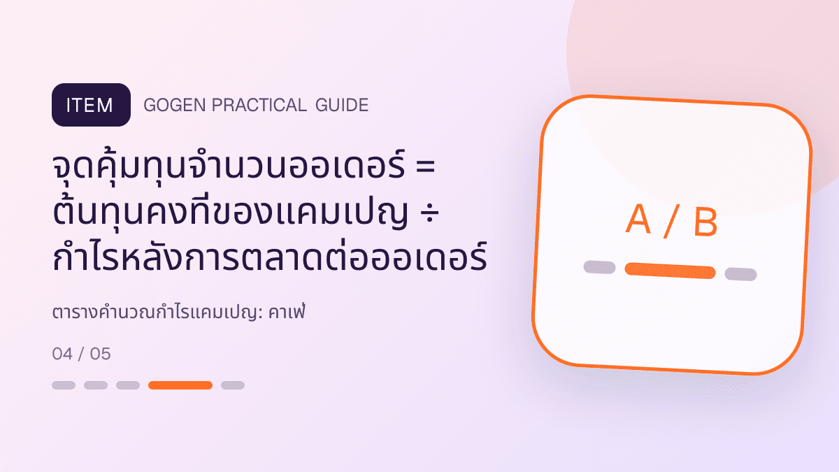 ตารางคำนวณกำไรแคมเปญสำหรับคาเฟ่ แสดงกาแฟ เครื่องดื่ม และเมนูซิกเนเจอร์ในสไตล์เป็นกันเอง มีบรรยากาศ และจำโทนร้านได้: จุดคุ้มทุนจำนวนออเดอร์ = ต้นทุนคงที่ของแคมเปญ ÷ กำไรหลังการตลาดต่อออเดอร์