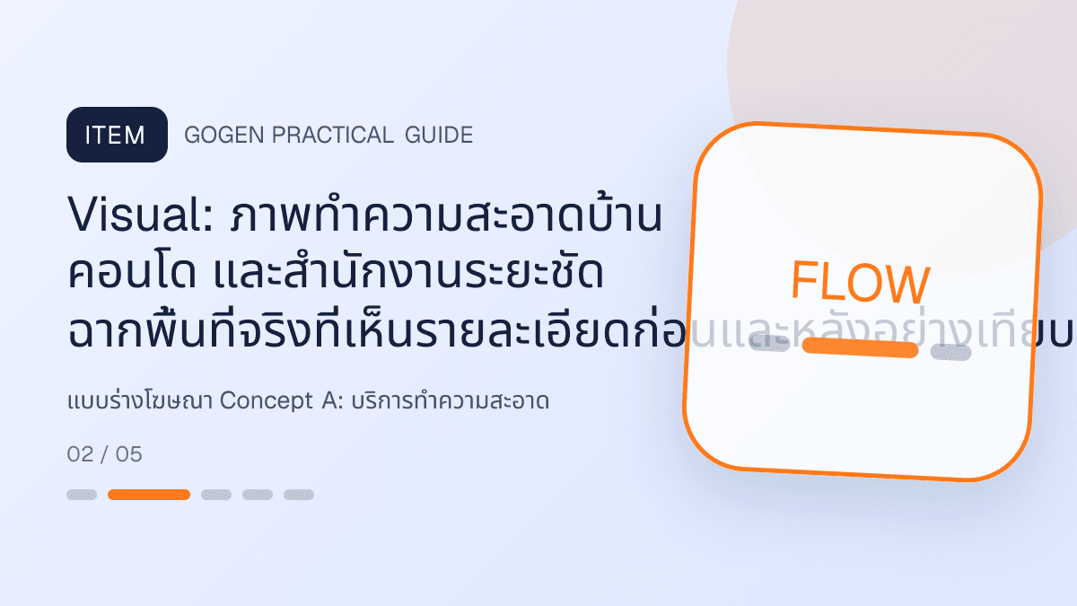 แบบร่างโฆษณา Concept Aสำหรับบริการทำความสะอาด แสดงทำความสะอาดบ้าน คอนโด และสำนักงานในสไตล์สะอาด ไว้ใจได้ และเห็นผลลัพธ์: Visual: ภาพทำความสะอาดบ้าน คอนโด และสำนักงานระยะชัด ฉากพื้นที่จริงที่เห็นรายละเอียดก่อนและหลังอย่างเทียบเคียงได้