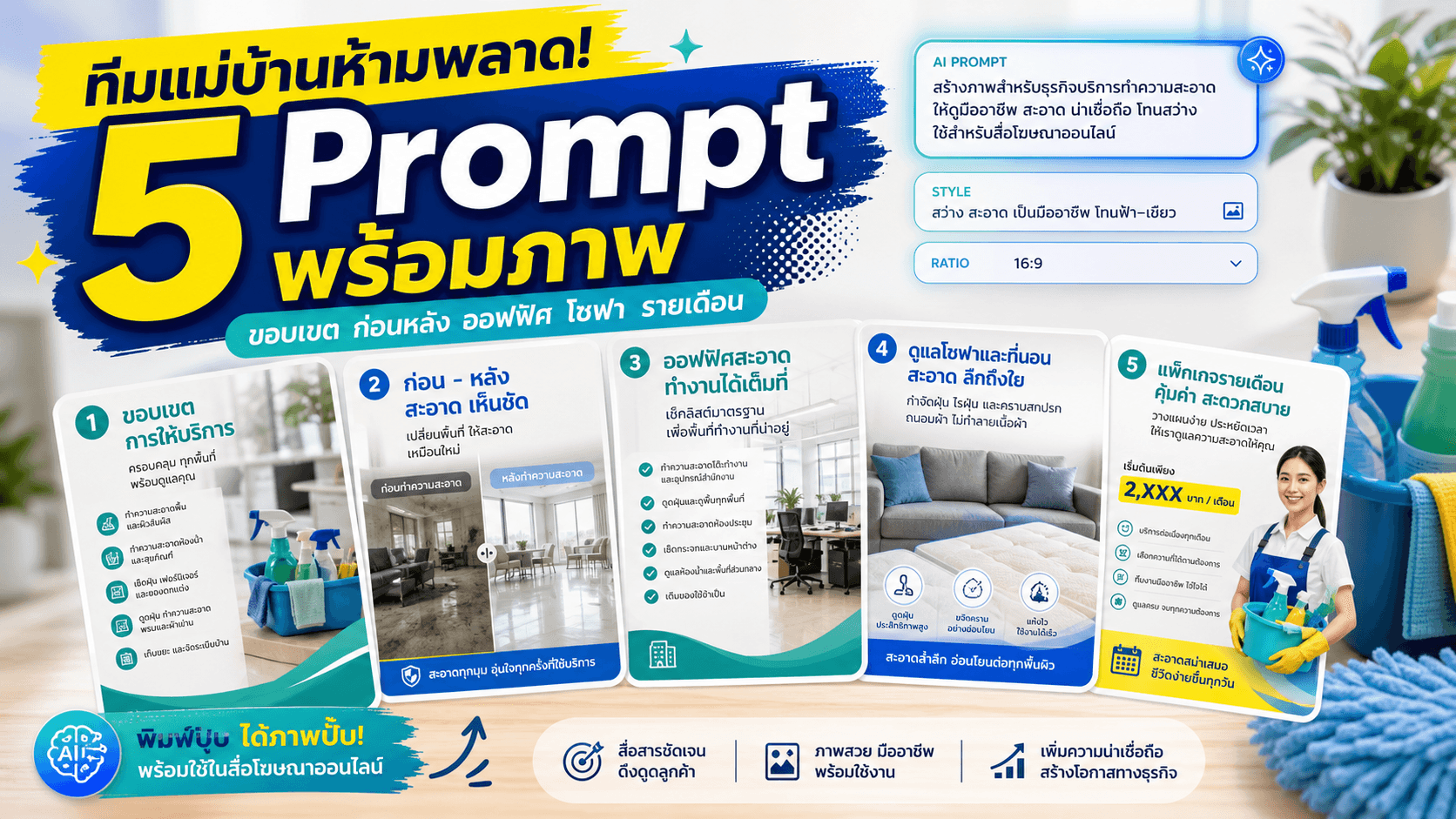 ทีมแม่บ้านห้ามพลาด! 5 Prompt พร้อมภาพ ทำโพสต์บริการทำความสะอาด ขอบเขตงาน ก่อนหลัง ออฟฟิศ โซฟา และรายเดือน