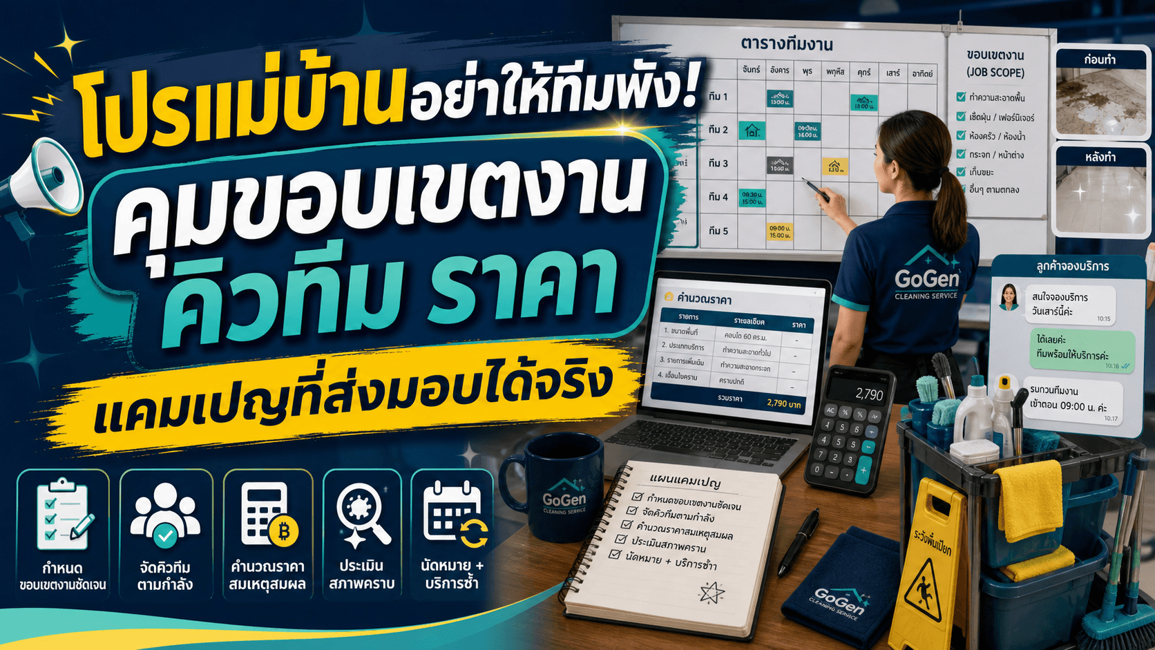 โปรแม่บ้านอย่าให้ทีมพัง! แผนแคมเปญที่คุมขอบเขตงาน คิวทีม ราคา และเงื่อนไขคราบ