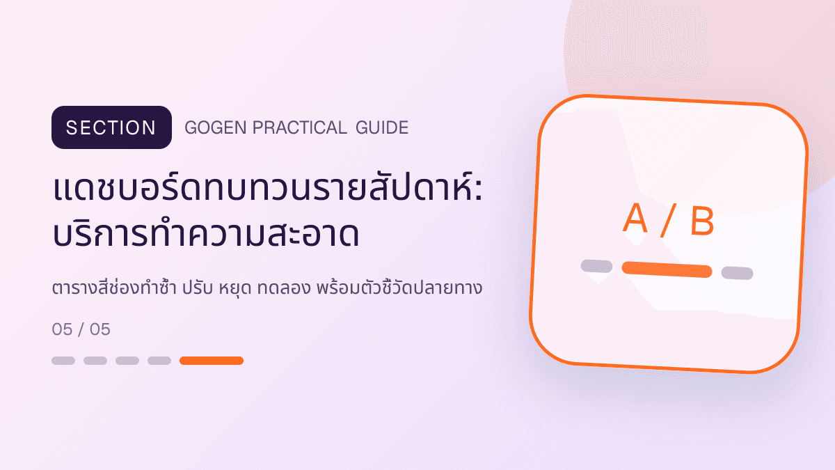 แดชบอร์ดทบทวนรายสัปดาห์สำหรับบริการทำความสะอาด แสดงทำความสะอาดบ้าน คอนโด และสำนักงานในสไตล์สะอาด ไว้ใจได้ และเห็นผลลัพธ์