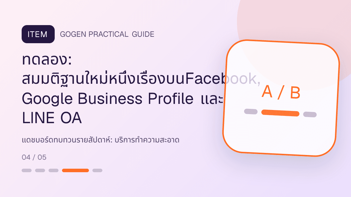 แดชบอร์ดทบทวนรายสัปดาห์สำหรับบริการทำความสะอาด แสดงทำความสะอาดบ้าน คอนโด และสำนักงานในสไตล์สะอาด ไว้ใจได้ และเห็นผลลัพธ์: ทดลอง: สมมติฐานใหม่หนึ่งเรื่องบนFacebook, Google Business Profile และ LINE OA