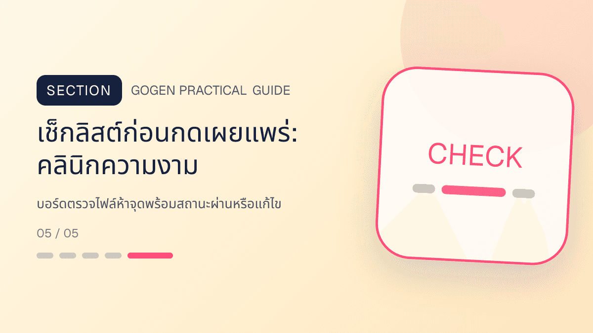 เช็กลิสต์ก่อนกดเผยแพร่สำหรับคลินิกความงาม แสดงบริการดูแลผิวและหัตถการความงามในสไตล์สะอาด สงบ และให้ข้อมูลอย่างรับผิดชอบ