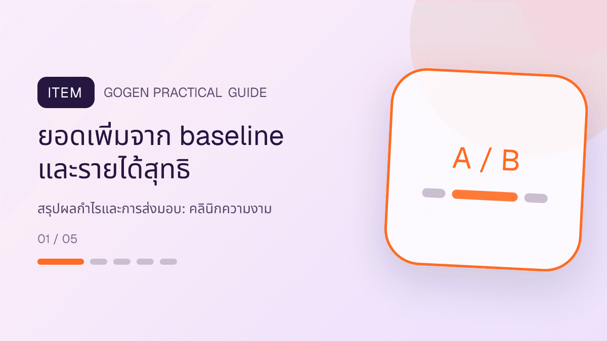 สรุปผลกำไรและการส่งมอบสำหรับคลินิกความงาม แสดงบริการดูแลผิวและหัตถการความงามในสไตล์สะอาด สงบ และให้ข้อมูลอย่างรับผิดชอบ: ยอดเพิ่มจาก baseline และรายได้สุทธิ