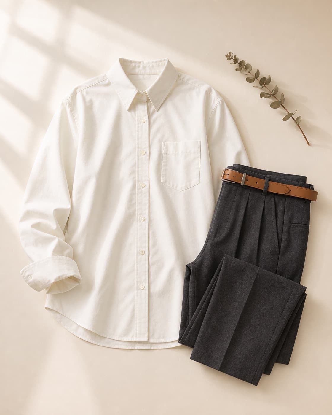 Flat lay เสื้อเชิ้ตสีงาช้าง กางเกงสีชาร์โคล เข็มขัดหนัง และกิ่งยูคาลิปตัส