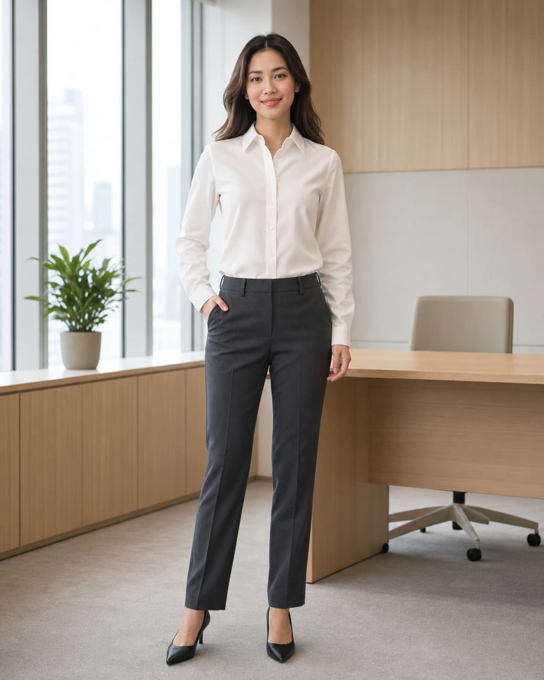 นางแบบสวมเสื้อเชิ้ตสีงาช้างกับกางเกงชาร์โคล ยืนเต็มตัวในออฟฟิศสมัยใหม่