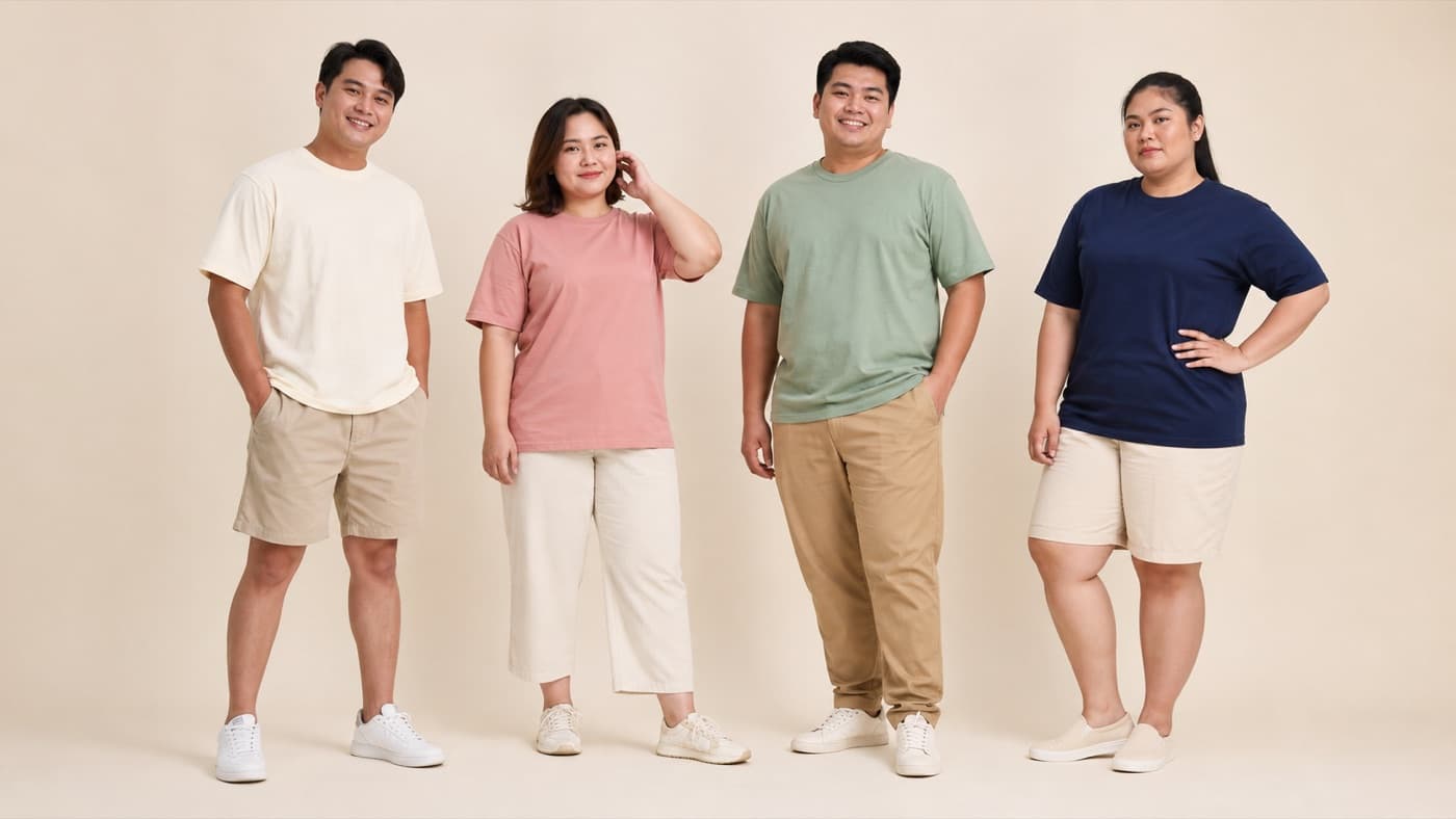 กลุ่มนายแบบและนางแบบรูปร่างหลากหลาย 4 คน สวมเสื้อยืด 4 สีในสตูดิโอ