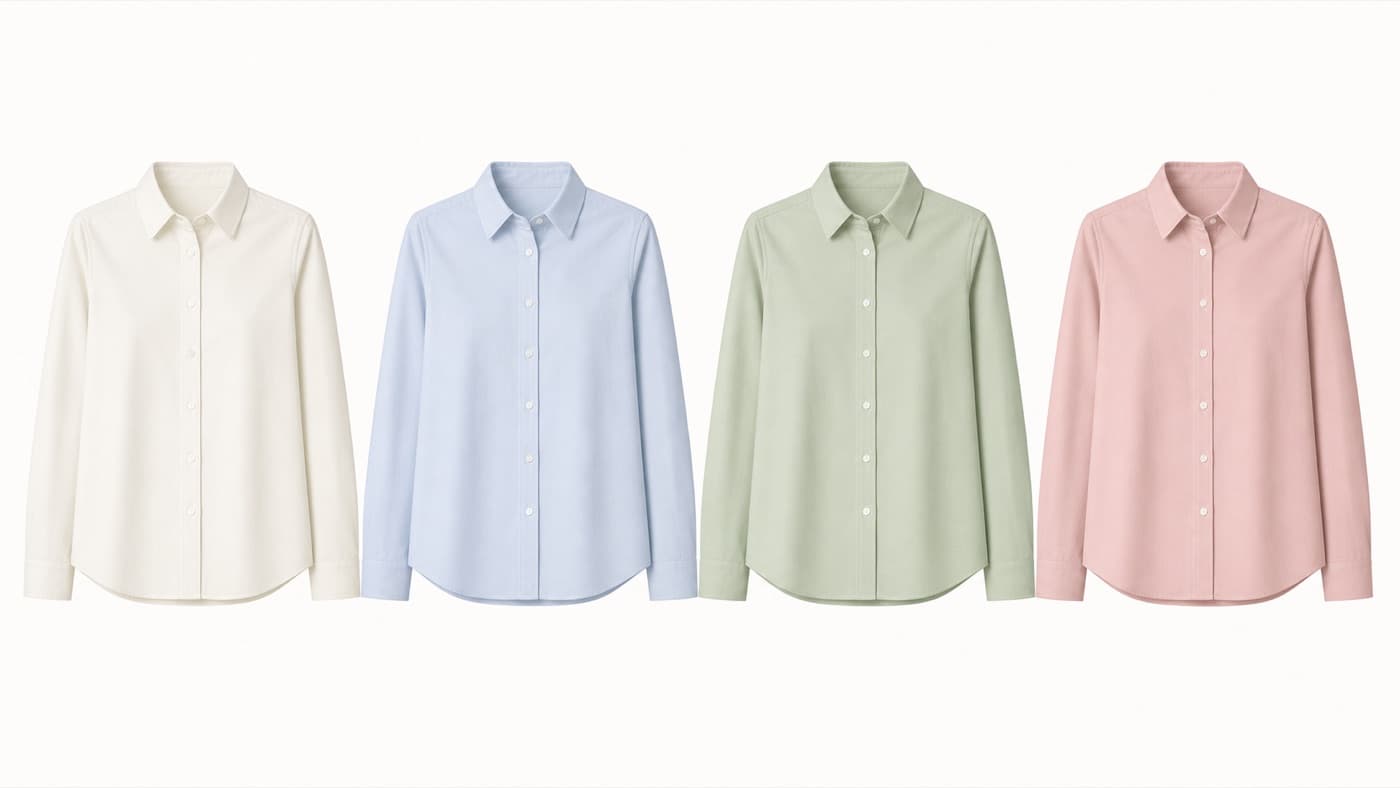 เสื้อเชิ้ตรุ่นเดียวกัน 4 สี ได้แก่ งาช้าง ฟ้า เสจ และชมพูกุหลาบ เรียงบนฉากขาว