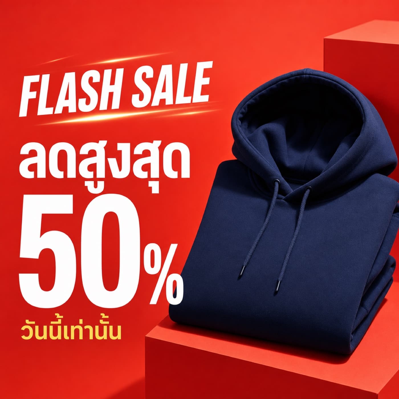 แบนเนอร์ Flash Sale พร้อมข้อความ ลดสูงสุด 50 เปอร์เซ็นต์ และวันนี้เท่านั้น คู่ฮู้ดดี้สีกรมท่า