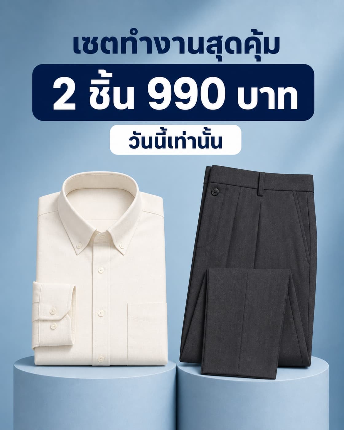 แบนเนอร์เซตทำงานสุดคุ้ม 2 ชิ้น 990 บาท คู่เสื้อเชิ้ตสีงาช้างและกางเกงชาร์โคล