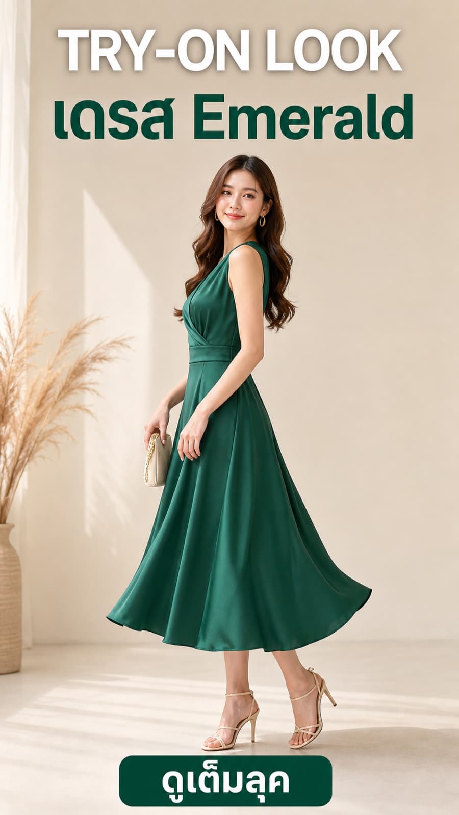 ปกวิดีโอ Try-on เดรส Emerald พร้อมข้อความ Try-on Look และดูเต็มลุค