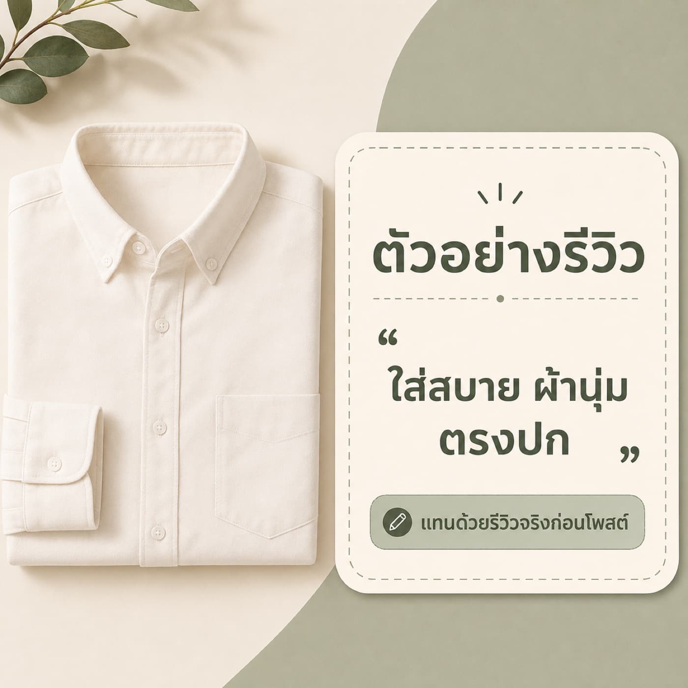 ตัวอย่างโพสต์รีวิวพร้อมเสื้อเชิ้ตสีงาช้างและข้อความเตือนให้แทนด้วยรีวิวจริงก่อนโพสต์