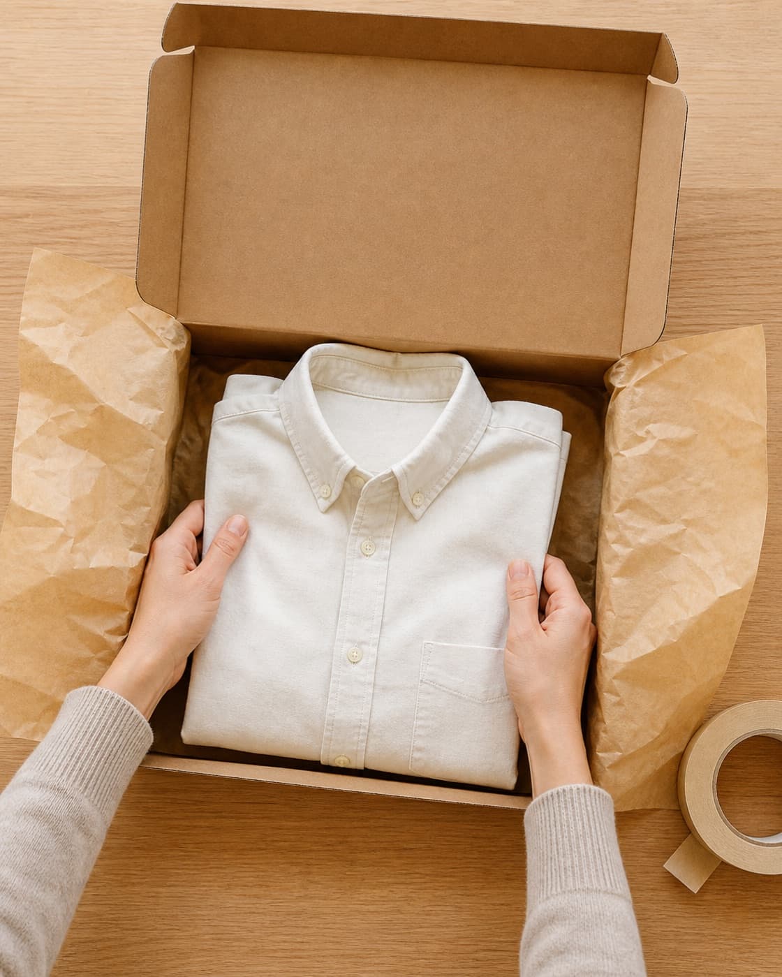 มือพนักงานกำลังวางเสื้อเชิ้ตสีงาช้างที่พับแล้วลงในกล่องกระดาษคราฟต์