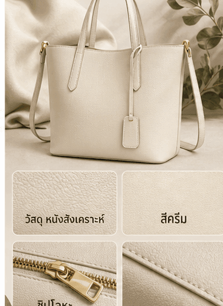 ภาพ SAMPLE AURA TOTE แสดงวัสดุ สี ซิป รายละเอียดผิว และราคาเป็นข้อมูลจำลอง