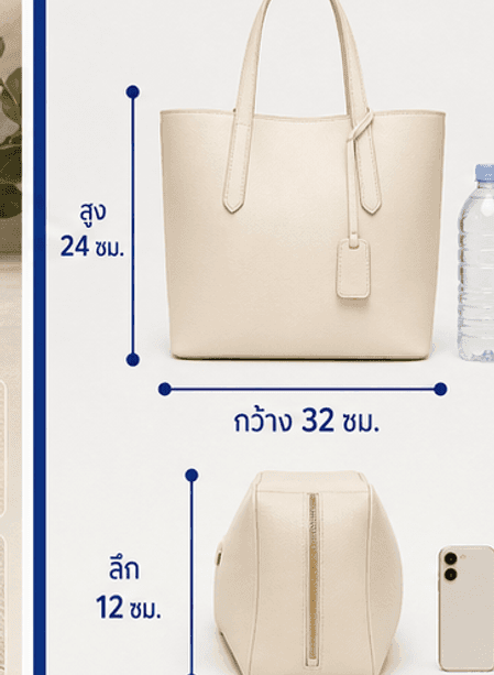 การ์ด SAMPLE AURA TOTE แสดงขนาด กว้าง สูง ลึก ของเทียบสเกล และ CTA
