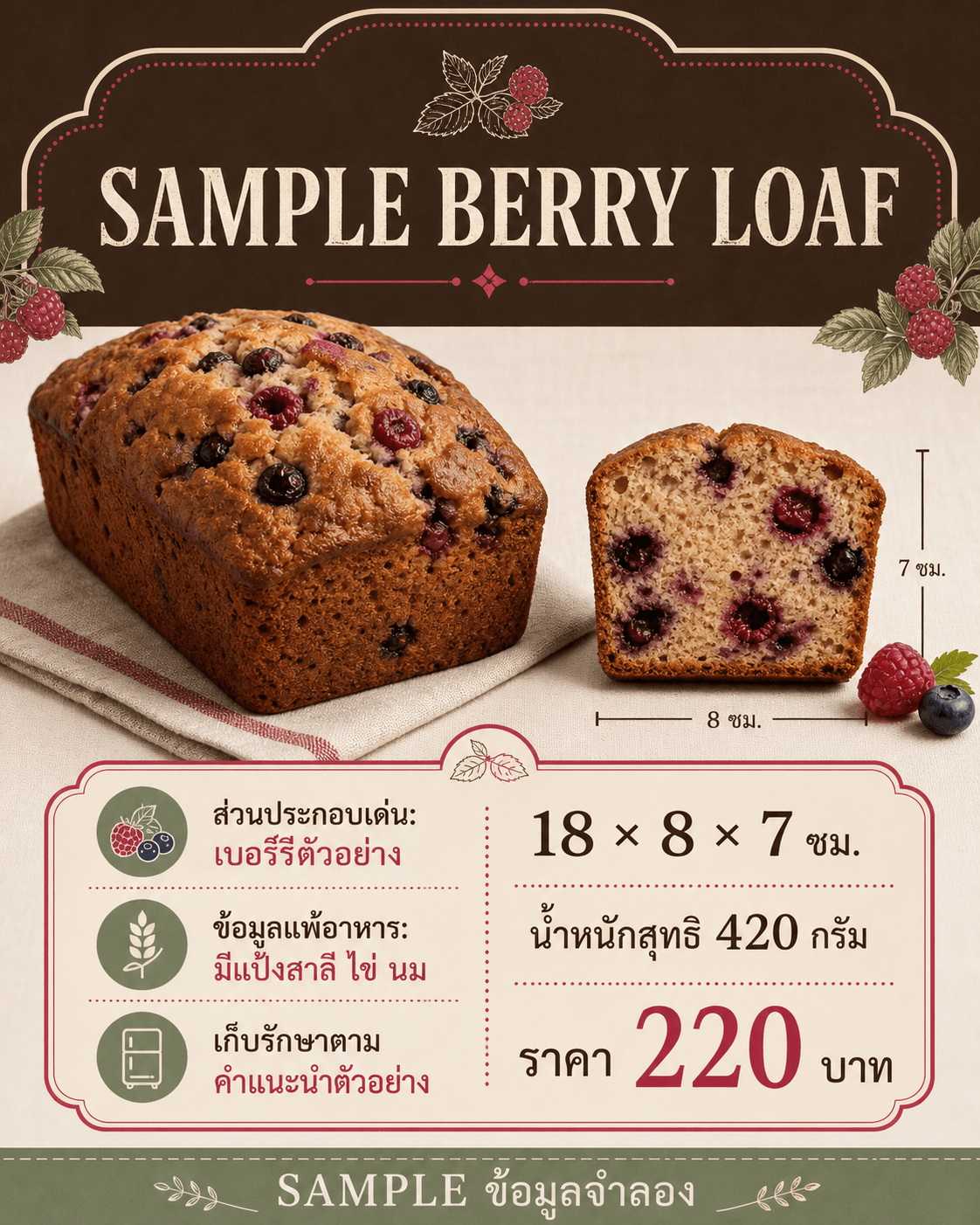 ภาพ SAMPLE BERRY LOAF ทั้งก้อนและหน้าตัดพร้อมขนาด น้ำหนัก ราคา และข้อมูลแพ้ตัวอย่าง