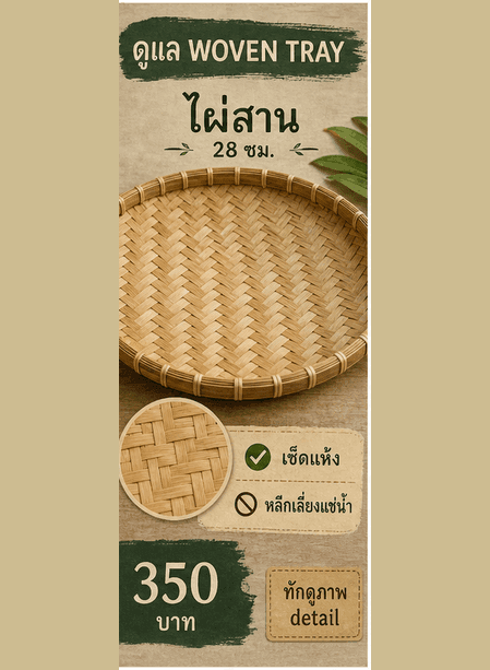 การ์ด SAMPLE WOVEN TRAY แสดงวัสดุ ขนาด วิธีดูแล ข้อควรระวัง ราคา และ CTA