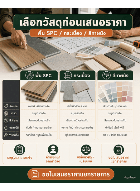 การ์ดเลือกวัสดุพร้อมพื้น SPC กระเบื้อง สีทาผนัง รุ่น เกรด ค่าแรงแยก และ CTA