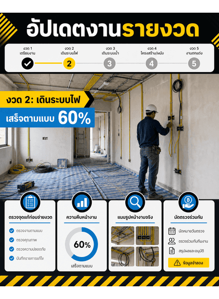 การ์ดอัปเดตงวดงานเดินระบบไฟพร้อมเปอร์เซ็นต์ตรวจ จุดแก้ รูปหน้างาน และ CTA นัดตรวจ