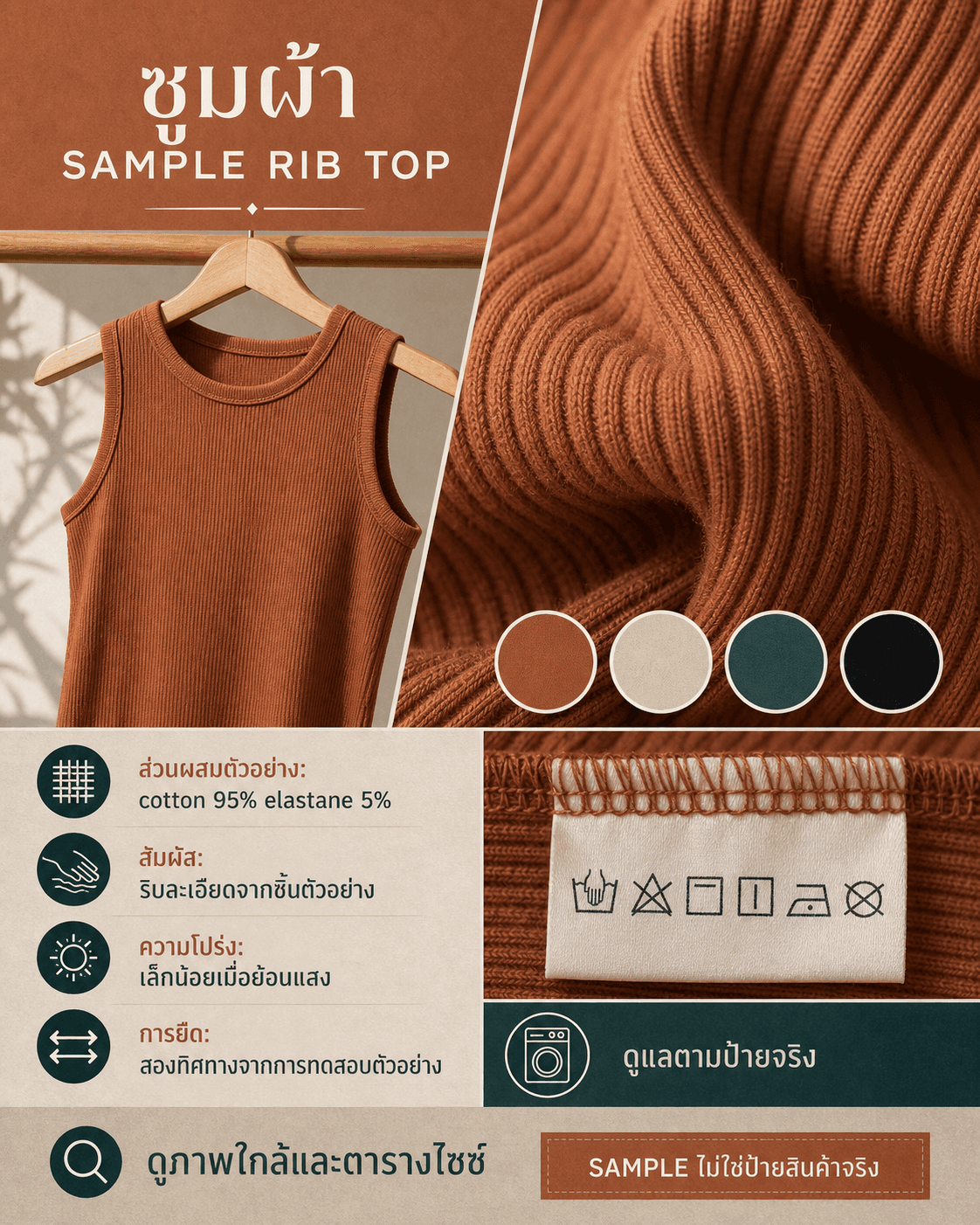 การ์ด SAMPLE RIB TOP แสดงภาพผ้า ส่วนผสม และผลทดสอบตัวอย่าง