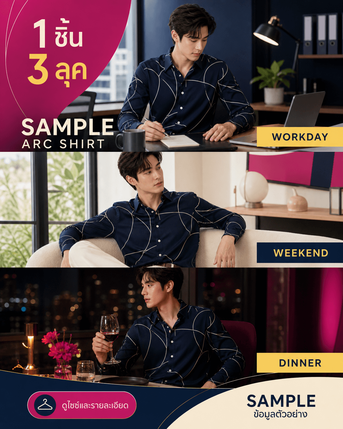 ภาพ SAMPLE ARC SHIRT สามลุคในระบบ triptych คนละสีและบริบท