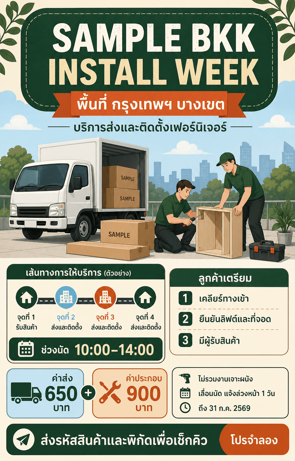 โปสเตอร์ SAMPLE BKK INSTALL WEEK พร้อมพื้นที่ ค่าส่ง ค่าประกอบ ช่วงนัด และเงื่อนไขตัวอย่าง