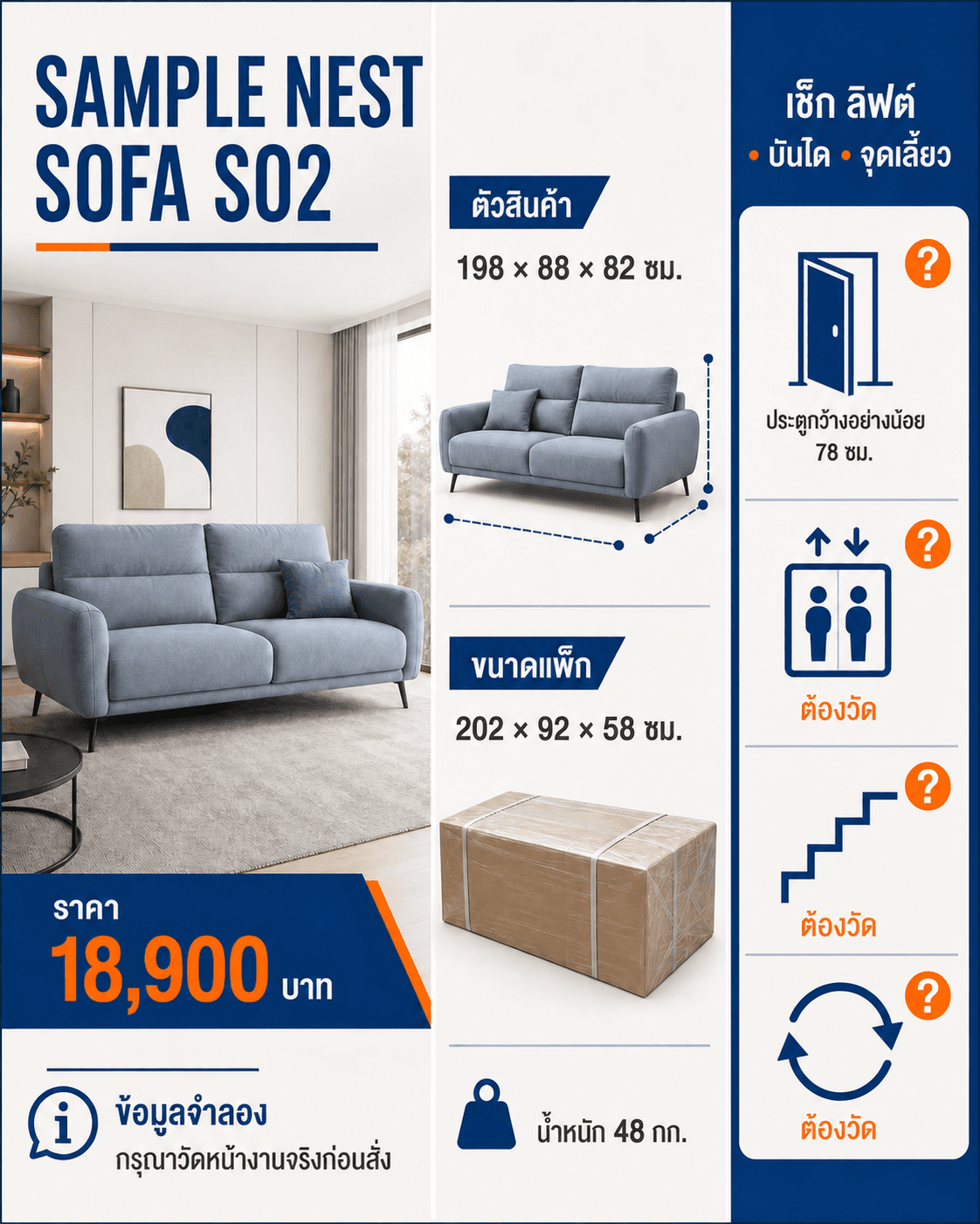 ภาพ SAMPLE NEST SOFA พร้อมมิติตัวสินค้า แพ็ก น้ำหนัก และเช็กลิสต์ทางเข้าตัวอย่าง