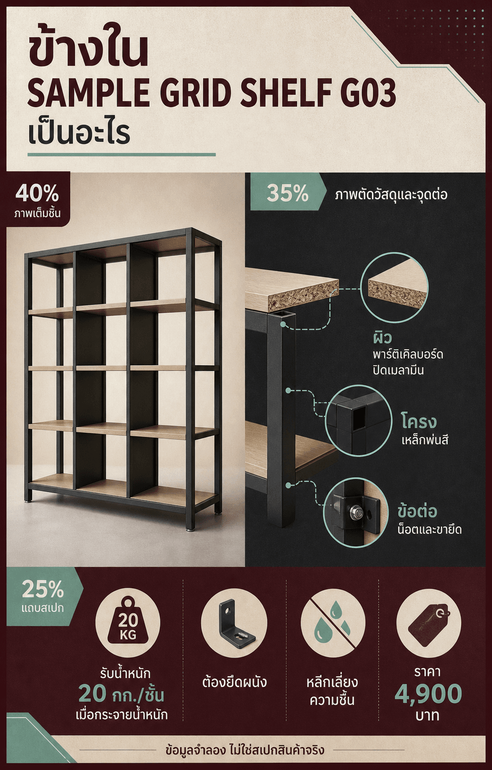 การ์ด SAMPLE GRID SHELF แสดงโครง ผิว จุดต่อ และค่ารับน้ำหนักตัวอย่างโดยระบุว่าเป็นข้อมูลจำลอง