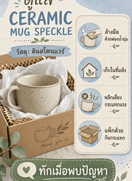 การ์ดดูแล CERAMIC MUG SPECKLE พร้อมวัสดุ วิธีทำความสะอาด การเก็บ ข้อควรระวัง แพ็ก และ CTA