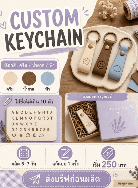 การ์ด CUSTOM KEYCHAIN พร้อมตัวเลือกสี จำนวนตัวอักษร เวลาผลิต เงื่อนไขแก้แบบ ราคา และ CTA