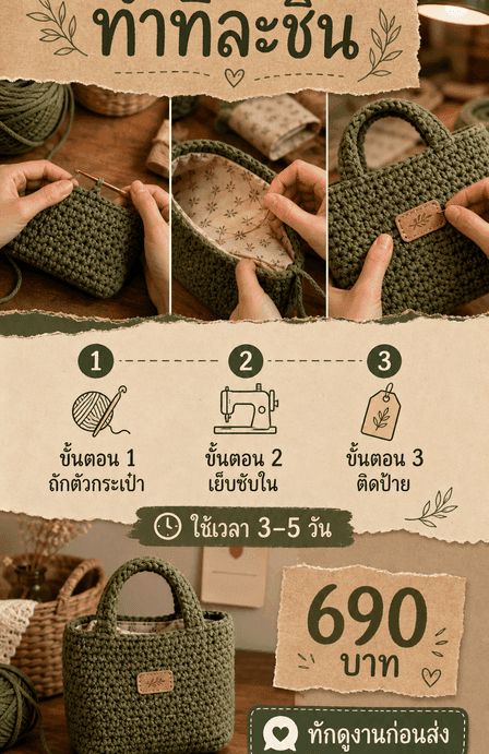 Story กระเป๋าถัก MINI TOTE พร้อม 3 ขั้นตอน ระยะเวลาผลิต ราคา และ CTA