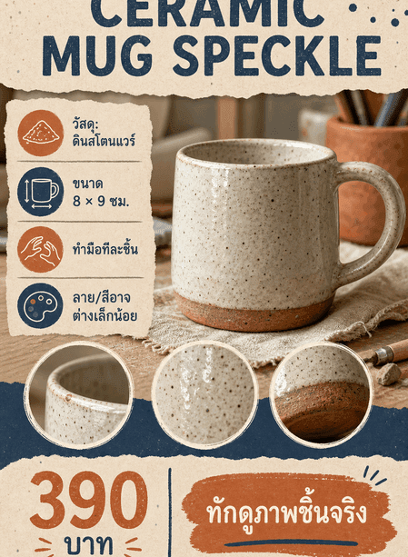การ์ด CERAMIC MUG SPECKLE แสดงวัสดุ ขนาด ราคา รอยทำมือ และ CTA ดูภาพชิ้นจริง