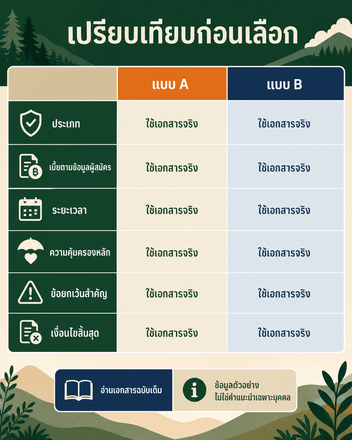 ตารางเปรียบเทียบแบบ A และ B ตามประเภท เบี้ย ระยะเวลา ความคุ้มครอง ข้อยกเว้นและเงื่อนไขสิ้นสุด
