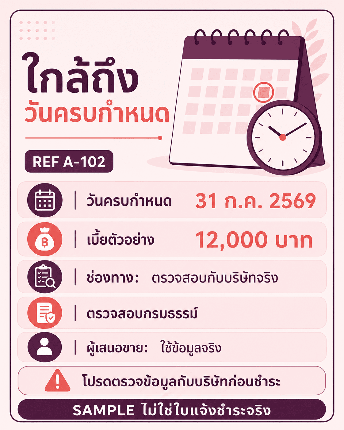 การ์ดใกล้ถึงวันครบกำหนด REF A-102 วันที่ 31 กรกฎาคมพร้อมคำแนะนำตรวจบริษัทก่อนชำระ