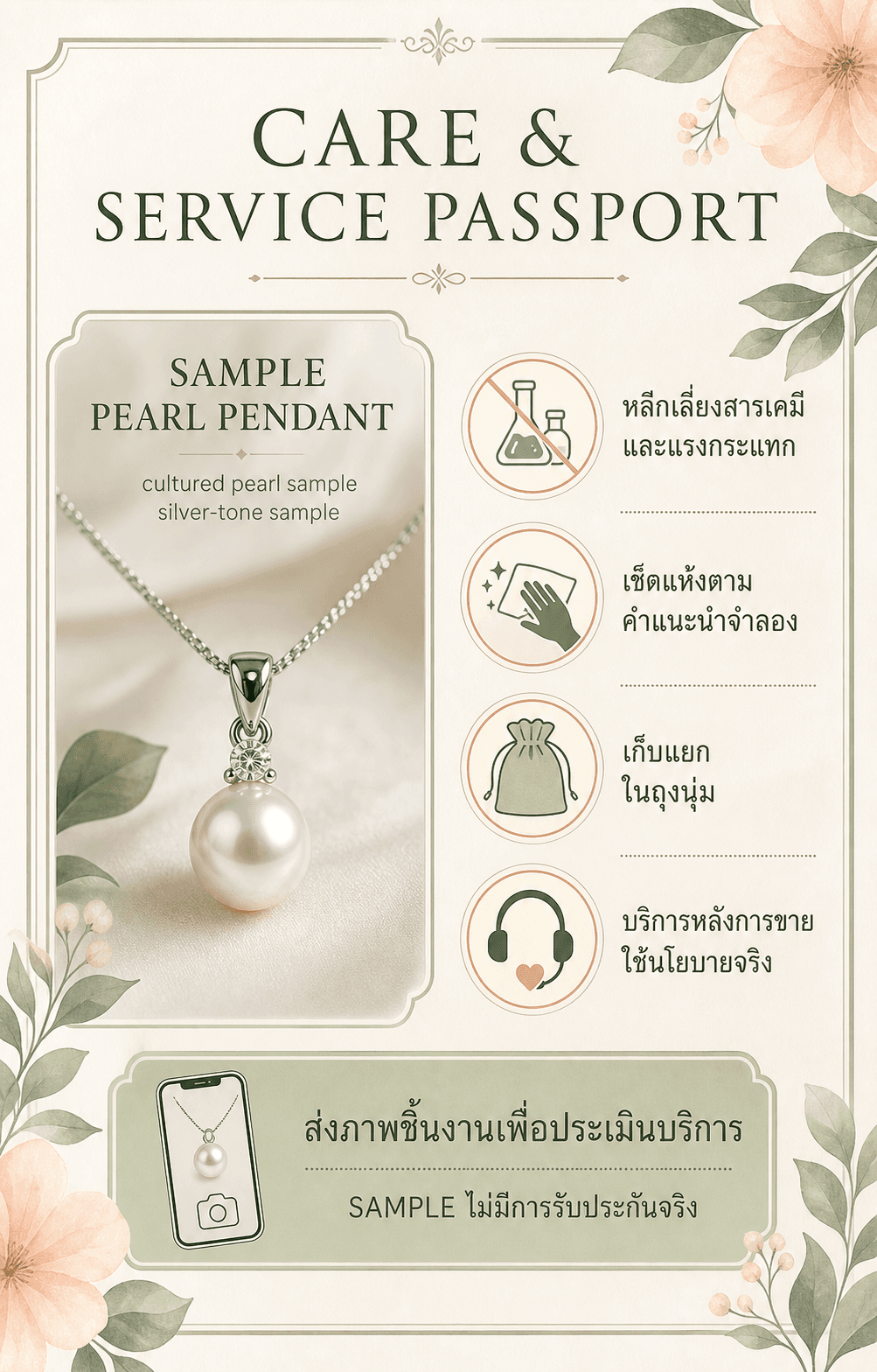 การ์ดดูแล SAMPLE PEARL PENDANT แสดงวัสดุ การเก็บ และช่องทางประเมินบริการแบบจำลอง