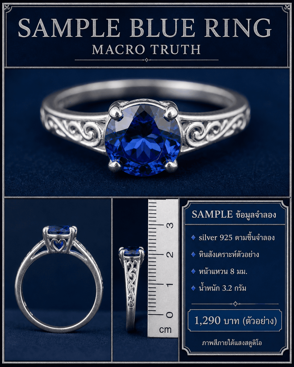 ภาพ SAMPLE BLUE RING แบบภาพรวม มาโคร สเกล วัสดุ น้ำหนัก และราคาตัวอย่าง