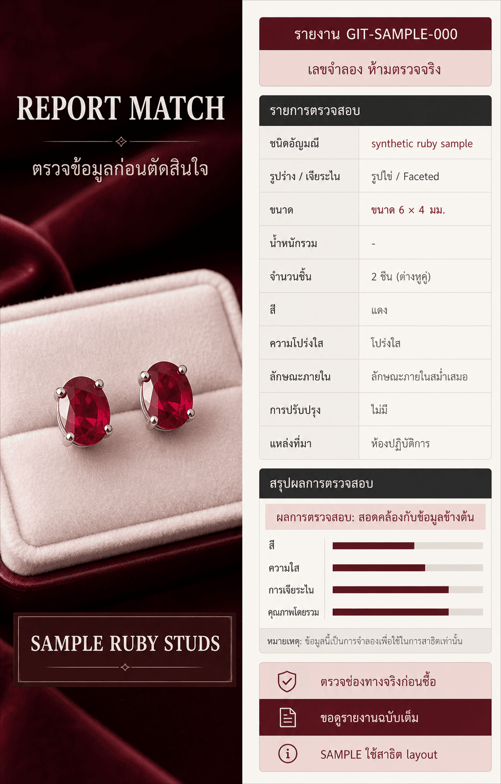 การ์ด SAMPLE RUBY STUDS จับคู่ชิ้นกับข้อมูลรายงานและเลขจำลองที่ระบุชัด