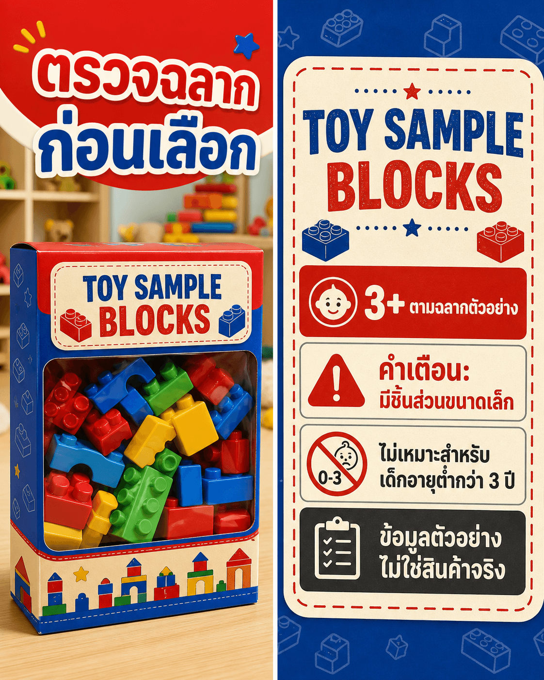ภาพ TOY SAMPLE BLOCKS แยกของเล่นกับฉลากช่วงอายุและคำเตือนชิ้นส่วนขนาดเล็ก