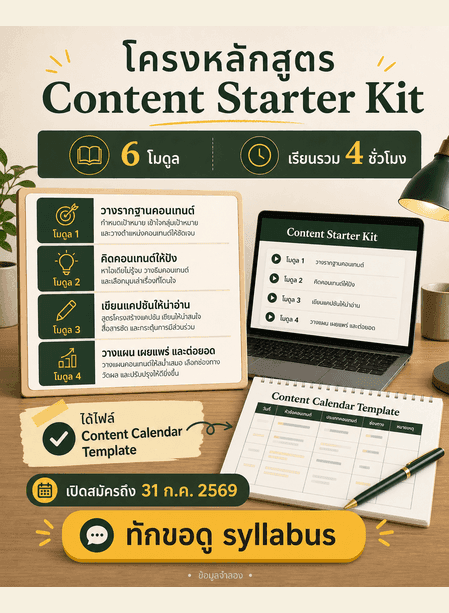 ภาพโครงหลักสูตร Content Starter Kit พร้อมจำนวนโมดูล ชั่วโมงเรียน ไฟล์ที่ได้รับ วันสมัคร และ CTA