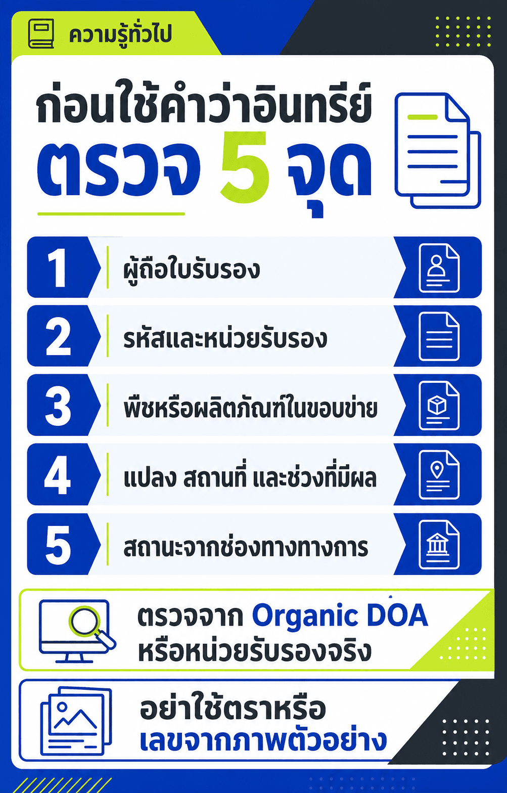 เช็กลิสต์ห้าจุดสำหรับตรวจขอบข่ายใบรับรองอินทรีย์โดยไม่มีตราหรือเลขสมมติ